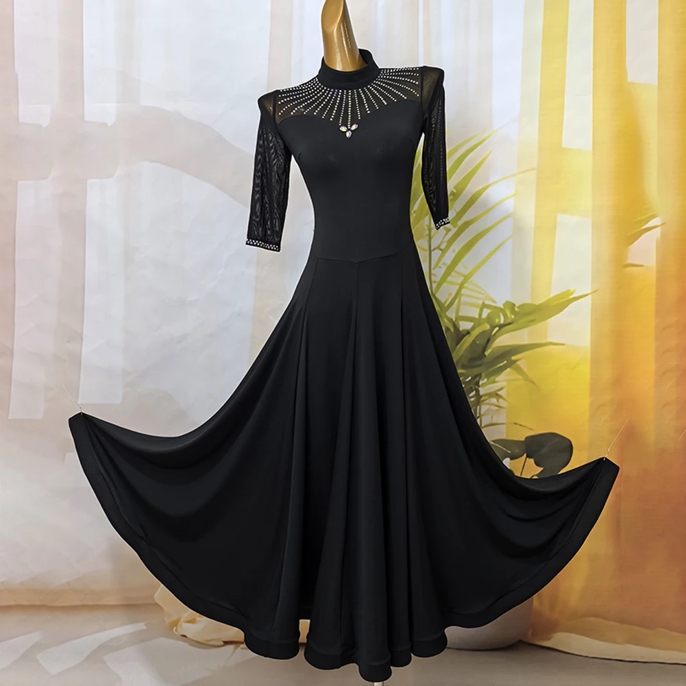 Middle Sleeve Ballroom Dance Competition Dress Red Costume for Build Light Purple New in Dresses Elegant Black Rhinestones