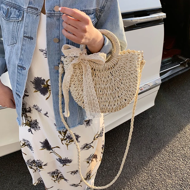 Cheap Yogodlns Straw Bag Women Hand-Woven Handbag Moon Shape Lace Bow  Rattan Bag Big Capacity Drawstring Casual Beach Shoulder Crossbody Bag