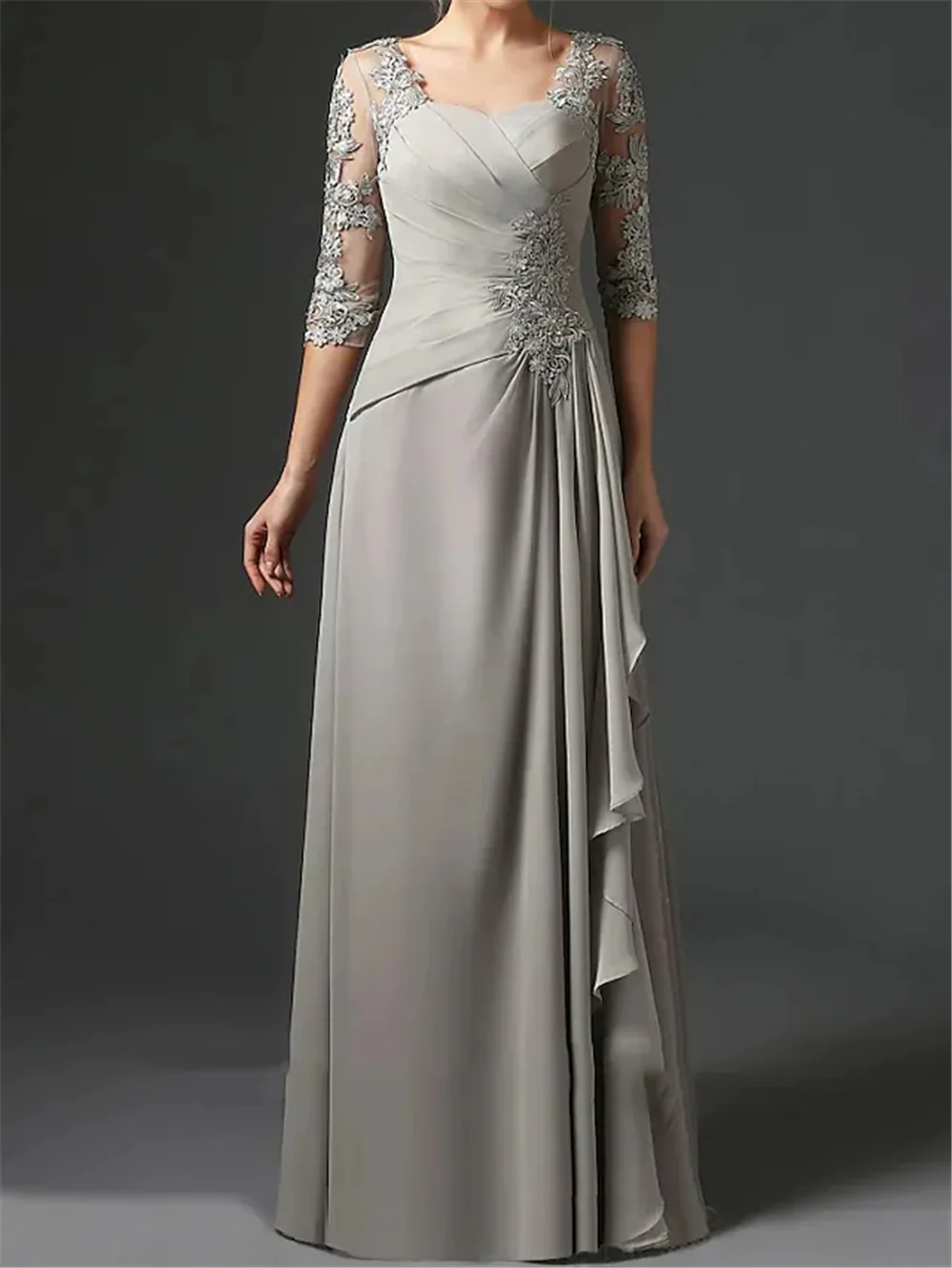 Sheath Mother of the Bride Dress Square Neck Floor Length Chiffon Lace Half Sleeve with Ruching Wedding Guest Dresses