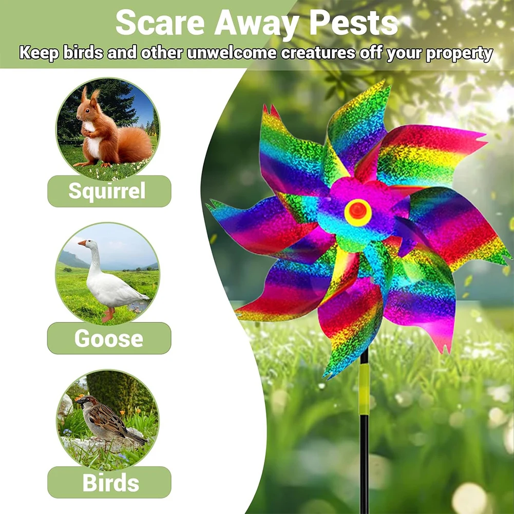 10Pcs Reflective Pinwheels Design Bird Repellener with Stakes Sparkly Windmill Bird Deterrent Devices Home Garden Decorative