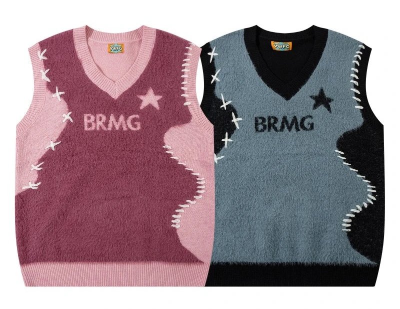 Description Picture 3 of itemAutumn Winter Sweater Vest Men Plush Patchwork Loose Sleeveless V-neck Sweaters Vest Harajuku Oversize Couple Knitwear Pullover