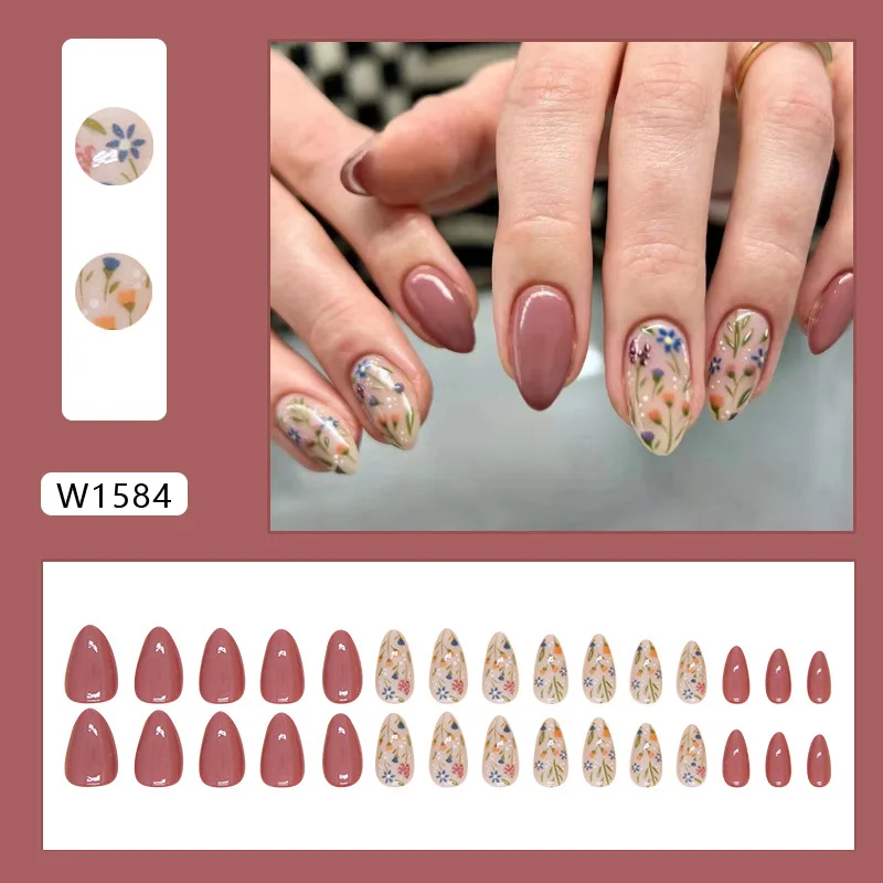 Nail Polish 24 Pcs Press on Nails Pink Nail polish Glossy Artificial Finger Manicure Reusable False Nails for Women