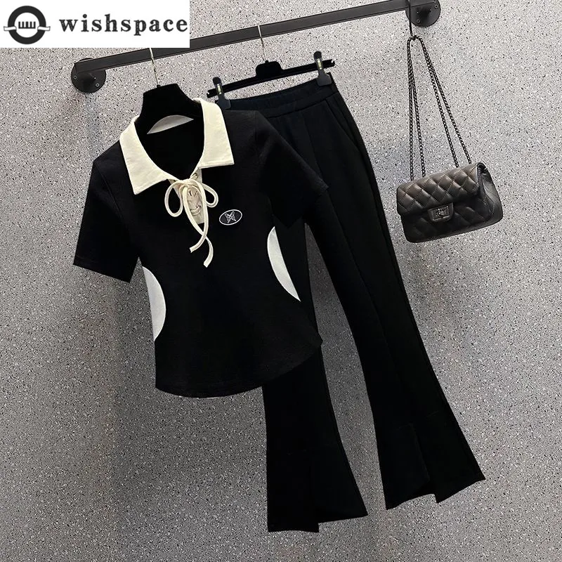 Spring/Summer Women's Set 2023 New Korean Version Slim Polo Neck Short Sleeve T-shirt Casual Pants Age Reducing Two Piece Set 2022 new fashion short sleeve suit elegant women summer korean version workplace versatile office short suit leggings two piece