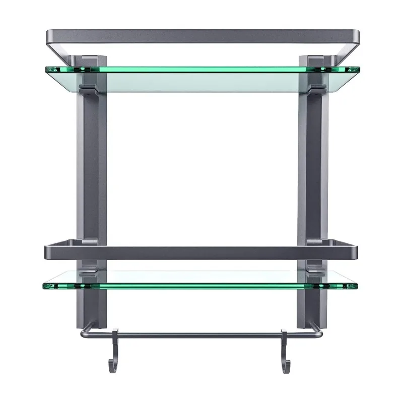 Glass Bathroom Wall Organizer Shelf, 2-Tier Glass Shelf with Integrated Towel Bar Wall Mounted Shower Storage 15.2 by 5 inches
