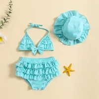 Fashion Summer Newborn Baby Girls Swimwear Bikini Set Cute Bowknot Hanging Neck Tops + Layered Ruffle Shorts + Hat Beachwear 2