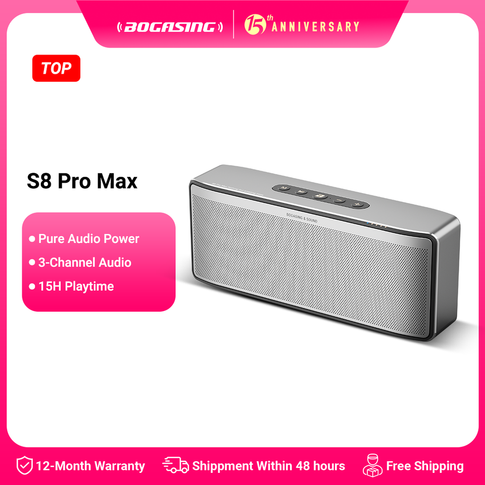 BOGASING S8 Pro Max Bluetooth Speaker,3-Channel Audio with Lifelike Stereo Sound & Punchy Bass,DSP,AUX,Built-in Mic,for Indoor