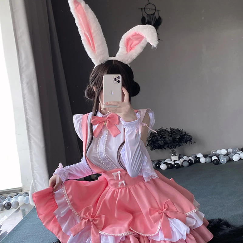 Sweet Pink Lolita Dress Japanese Kawaii School Girl Maid Cosplay Costumes Bunny Role Play Halloween Waitress Uniform