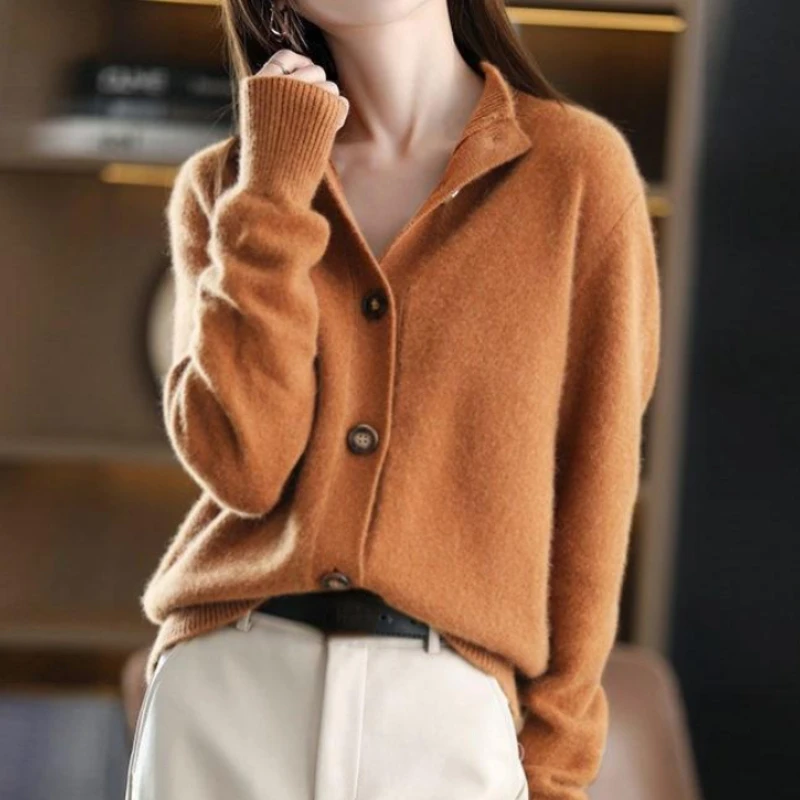 

2022 Autumn Winter New Fashion Vintage Caramel Open Stitch Sweater Korean Style Turn Down Collar Casual Elegant Shirt for Female