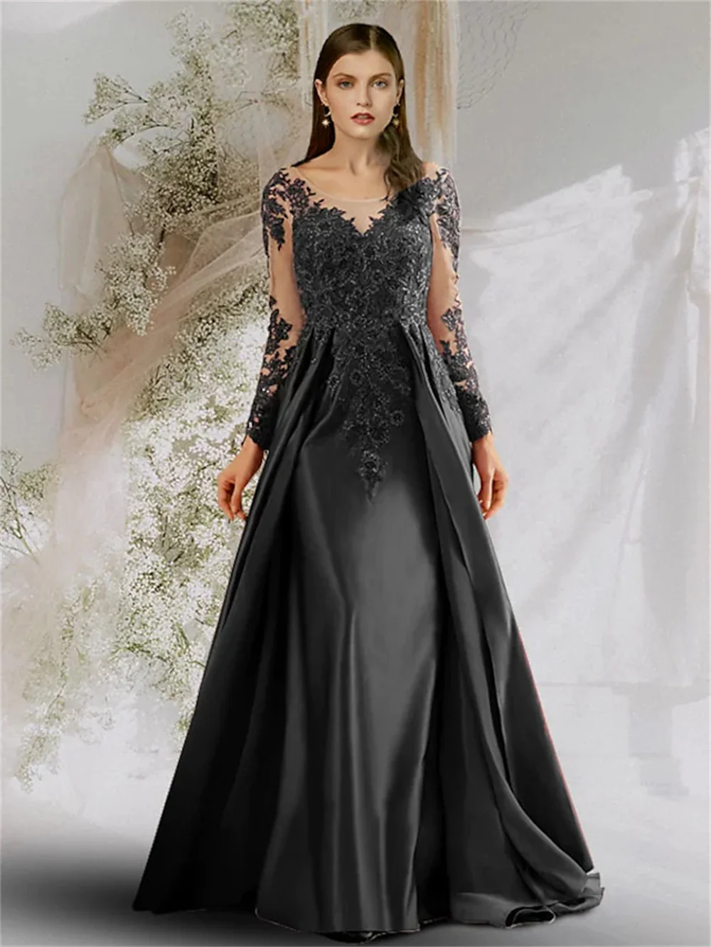 

A-Line Sexy Floral Ball Formal Evening Mother Dress Long Sleeve Sweeping Brushed Train Satin Appliqué 2023 Backless Temperament