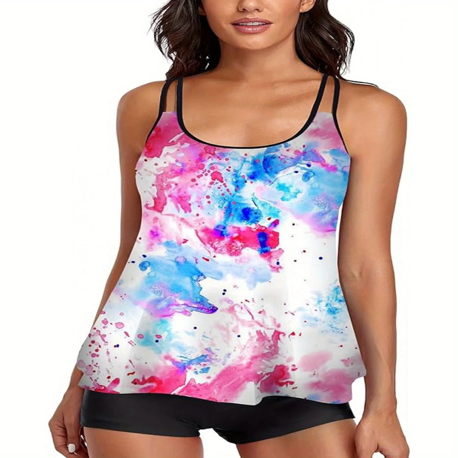 Two Piece Womens Loose Fitting Tankini Swimsuit-High Stretch, Tummy Control, Crew Neck, Random Print, Sleeveless, Nylon and Sp