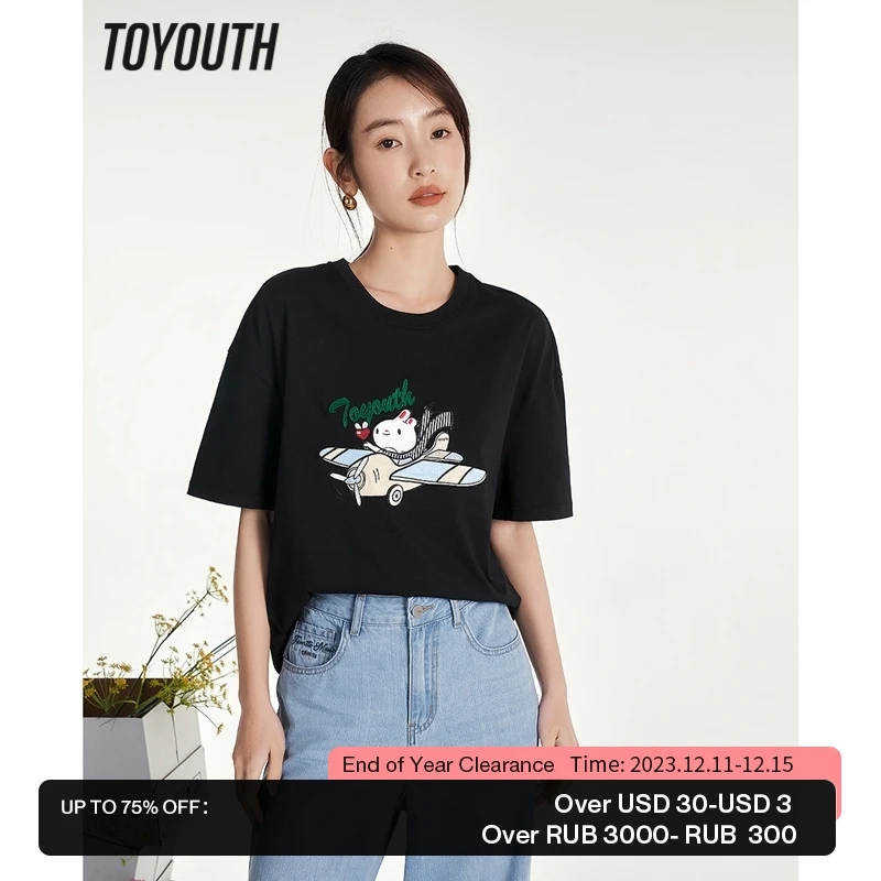 

Toyouth Women T-shirt 2023 Summer Short Sleeves Round Neck Loose Tees Rabbit Print Casual Chic White Pink Black Tops