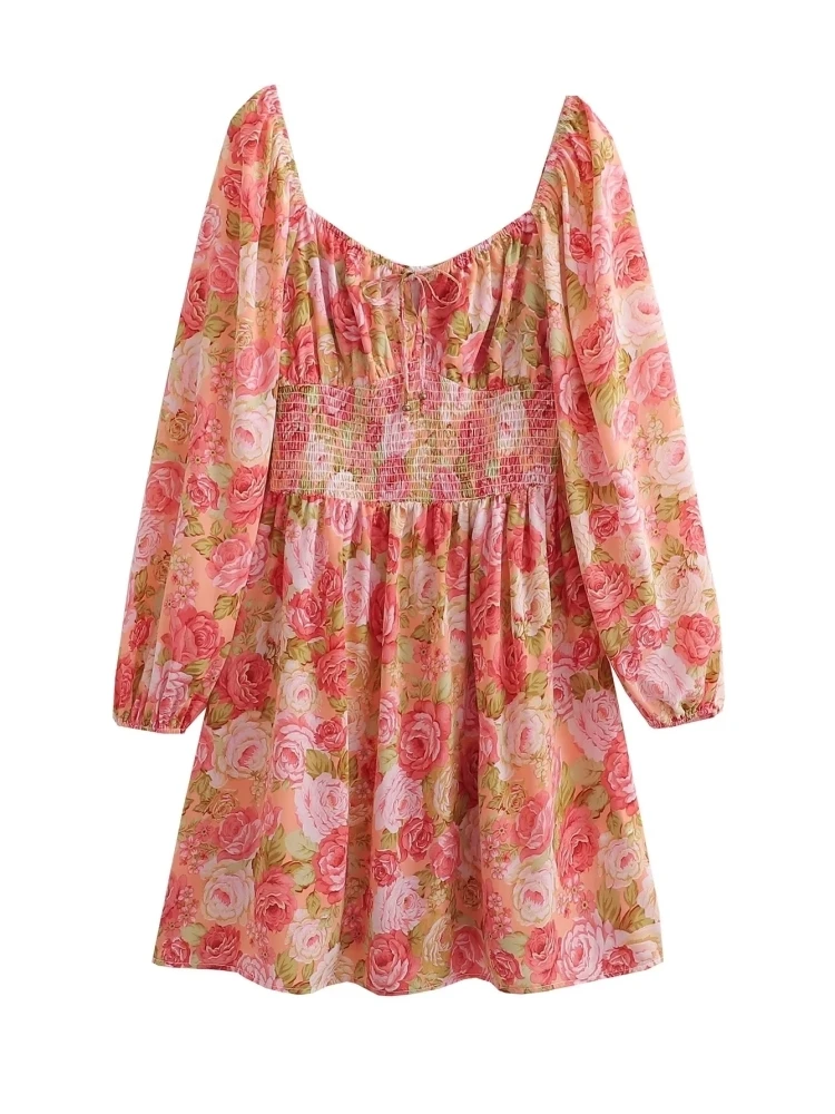 Women’s Pink Floral Print Elastic Waist Long Sleeve Mini Dress