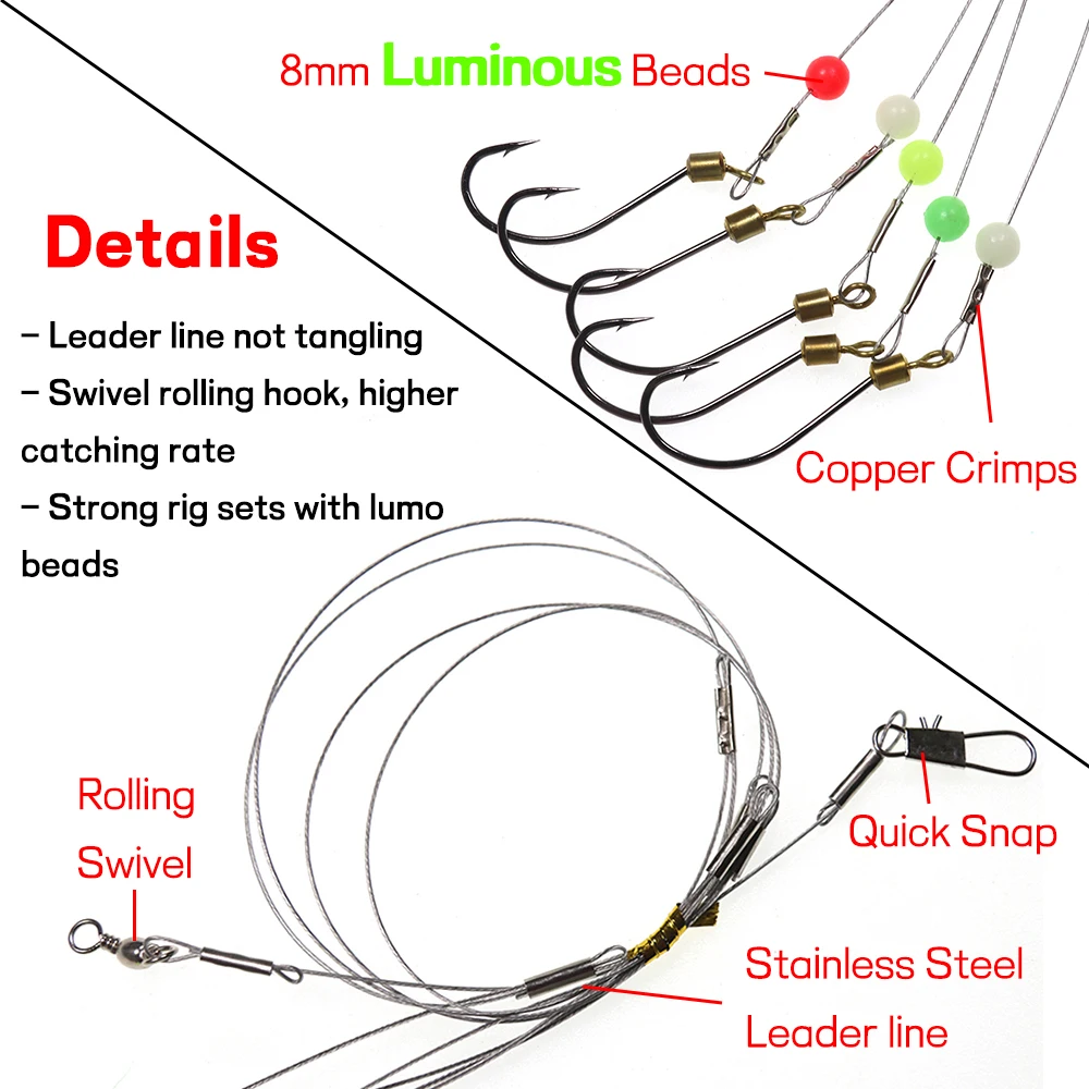 Elllv 2packs/lot Saltwater Fishing Stainless Wire Anti-entanglement Sabiki  Rig with 5pcs Rolling Swivel Hooks #8 - #24