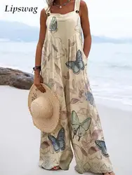 Summer Spaghetti Straps Loose Overalls Boho Vintage Pattern Print Wide Leg Playsuit Women Casual Pocket Beach Straight Jumpsuits