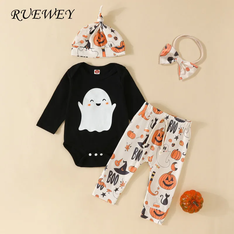 

RUEWEY Halloween Newborn Baby Girl Boy Clothes 4PCS Pant Sets Spring Autumn Long Sleeve Bodysuit Ghost Pumpkin Pant Hat Clothing