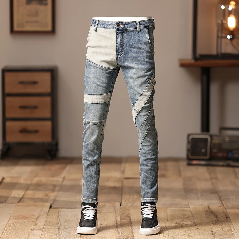 Fashion Stitching Jeans Men's 2023 Winter Slim Fit Ankle Tight Trousers Personality Street Trend Pu Shuai Men's Trousers graffiti jeans men s autumn street fashion   tight trousers trousers trendy handsome straight all matching ripped pants