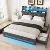 Vabches Queen Size Bed Frame with Headboard&4 Dustproof Storage Drawer Upholstered Platform Bed Frame with Power Strip&LED Light 1