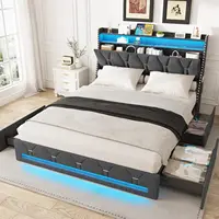 Vabches Queen Size Bed Frame with Headboard&4 Dustproof Storage Drawer Upholstered Platform Bed Frame with Power Strip&LED Light 1
