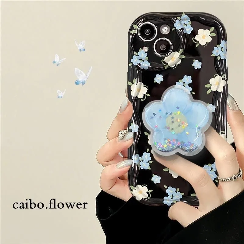 Chic Blue Floral Quicksand Grip Phone Case with Soft Holder