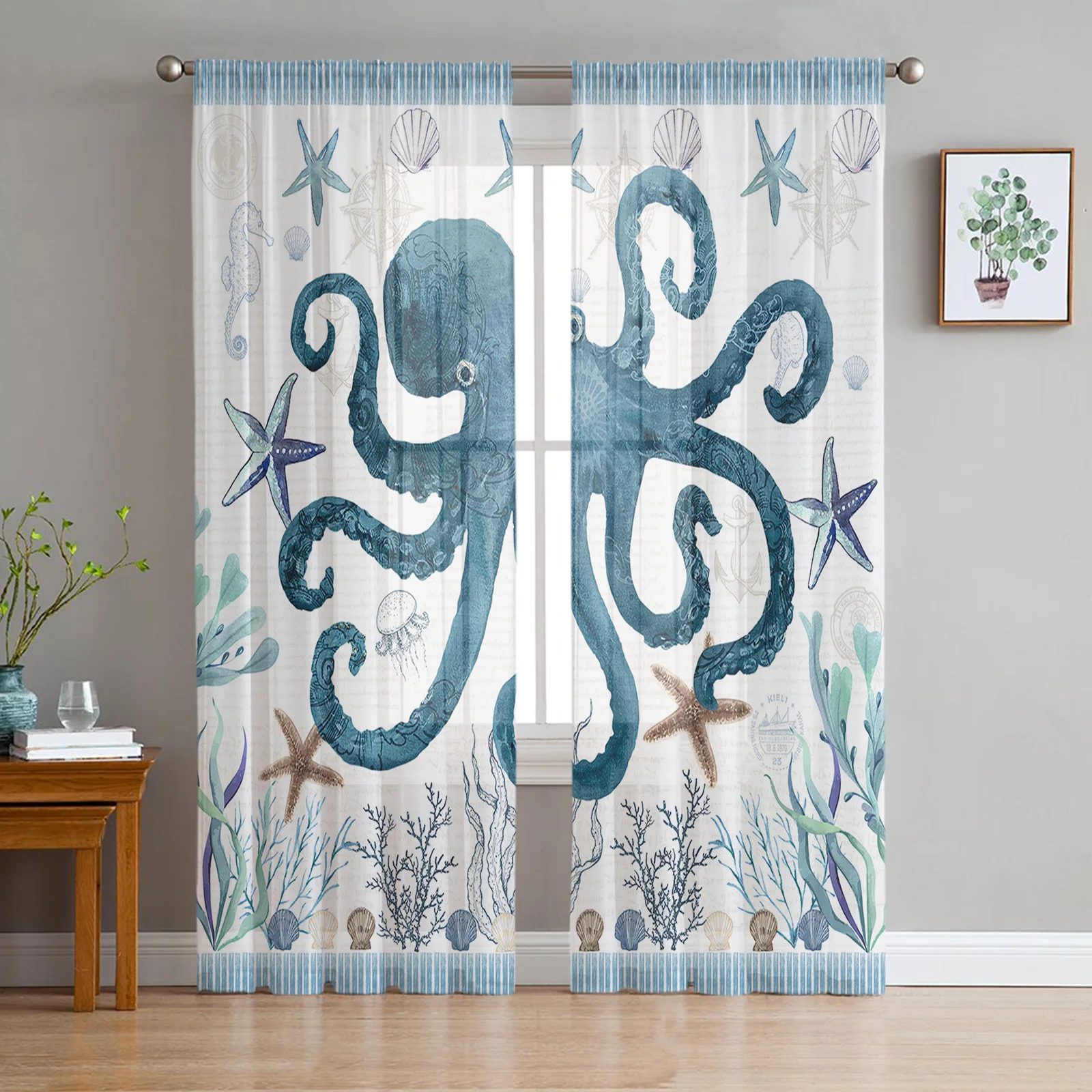 

Ocean Stripes Starfish Octopus Sheer Curtains for Living Room Bedroom Home Decor Kitchen Tulle for Windows Voile Drapes
