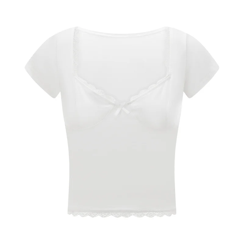 y2k Lace Trim Crop Top Women Sweetheart Neck Short Sleeve T Shirt with Bow Coquette Aesthetic Clothes 2000s Streetwear