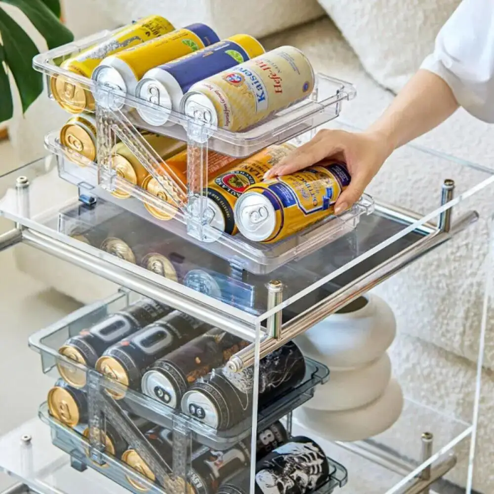 2 Layer Expandable Storage Box Refrigerator Beverage Can Organizer Automatic Rolling Beer Dispenser 4