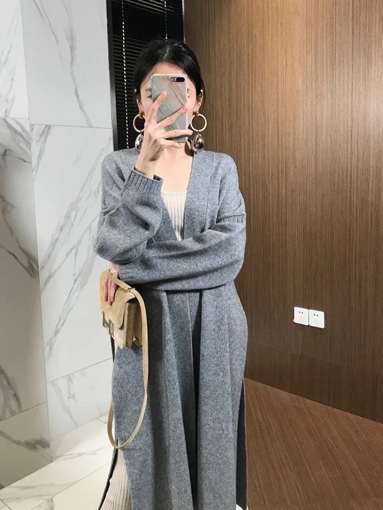 한국판 100% 캐시미어 가디건, 루즈한 롱 무릎 위 네트워크, 레드 스웨터 코트 니트웨어, 가을 겨울 신상