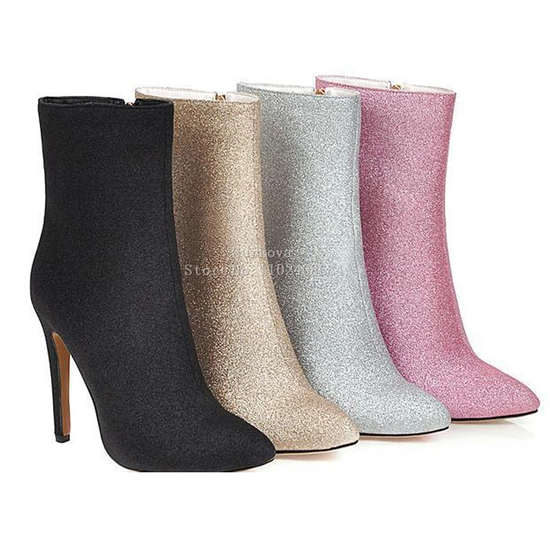 

Pink Bling Sequined Bride Wedding Boots Zipper Stiletto High Heels Pointed Toe Gold Silver Winter Shoes Sexy Women Ankle Boots