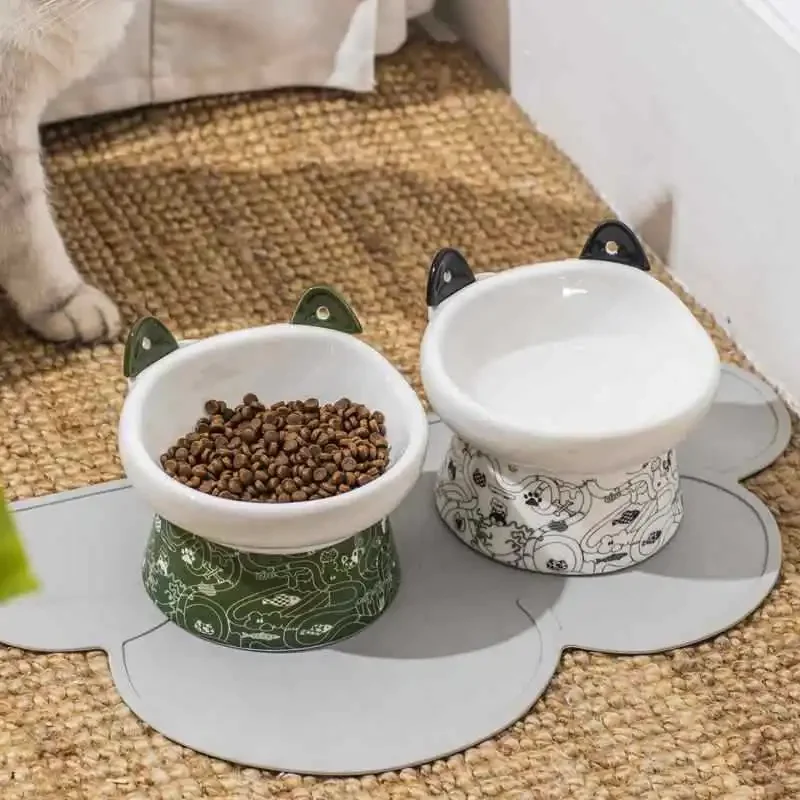 Cat bowl high-footed ceramic anti-knock protection cervical spine double food bowl pet supplies cat and dog drinking food