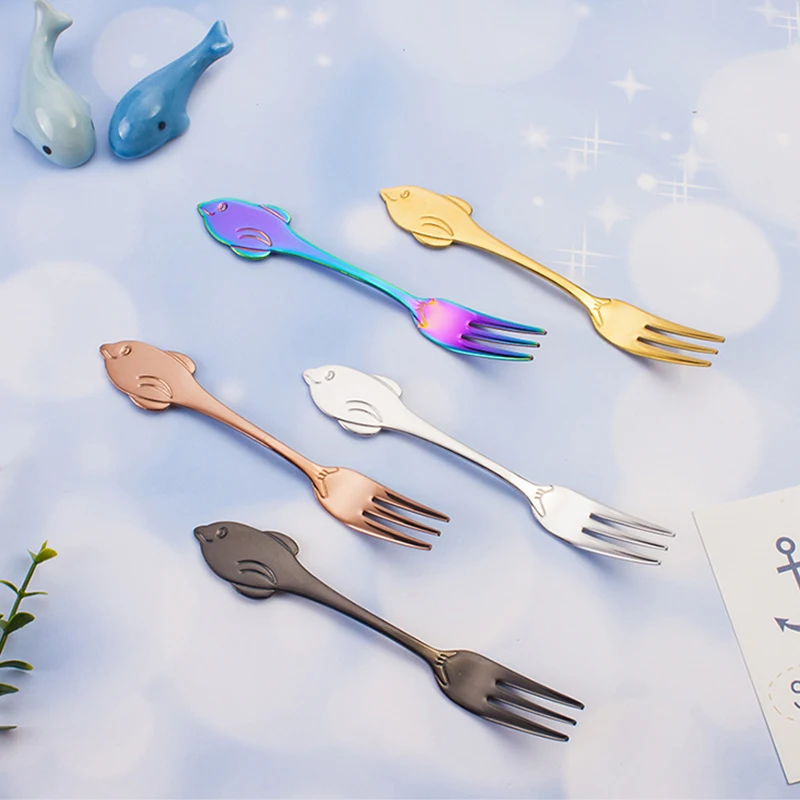 

Creative 3D Dolphin Whale Fork 304 Stainless Steel Fork Fruit Dessert Cake Fork Interesting Kids Western Food Tableware