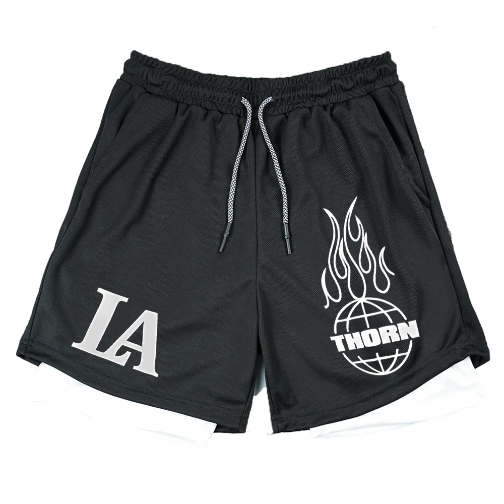 Summer Letter LA Shorts Men's 2-in-1 Compression Quick Dry Shorts GYM Training Double Layered Fitness Running Sports Short Pants 2