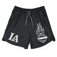Summer Letter LA Shorts Men's 2-in-1 Compression Quick Dry Shorts GYM Training Double Layered Fitness Running Sports Short Pants 2