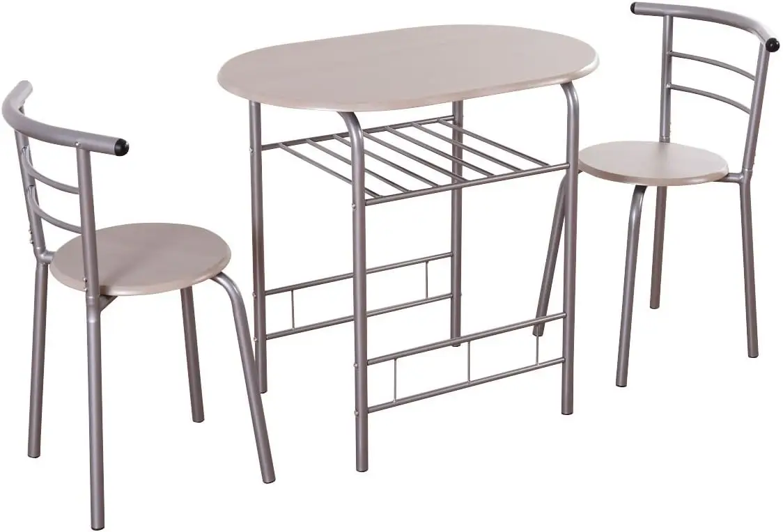 

The 3-piece style of 2 chairs and table, metal frame and shelves are stored to save space for the apartment and kitchen