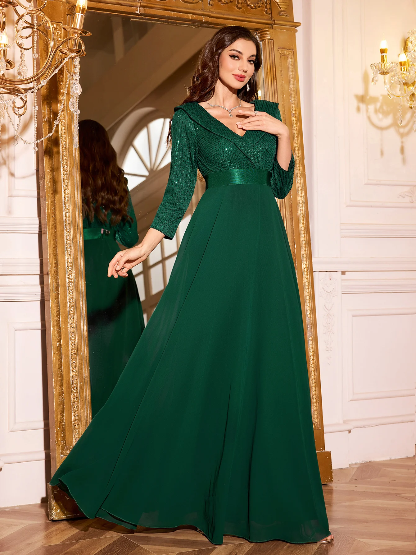 UNITHORSE Sequin-Trimmed Chiffon Waist-Cinched Maxi Dress Sparkling Party Gown Elegant Women's Evening Attire