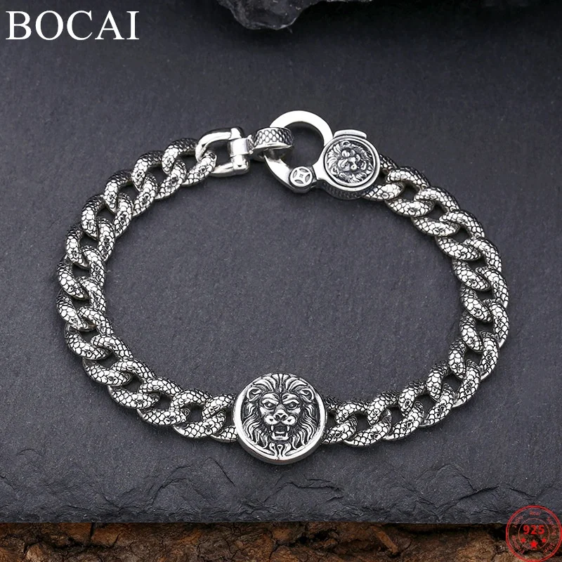 

BOCAI S925 Sterling Silver Bracelets for Men New Fashion Lion Head Loong Scale Pattern Cuban Link Chain Jewelry Free Shipping