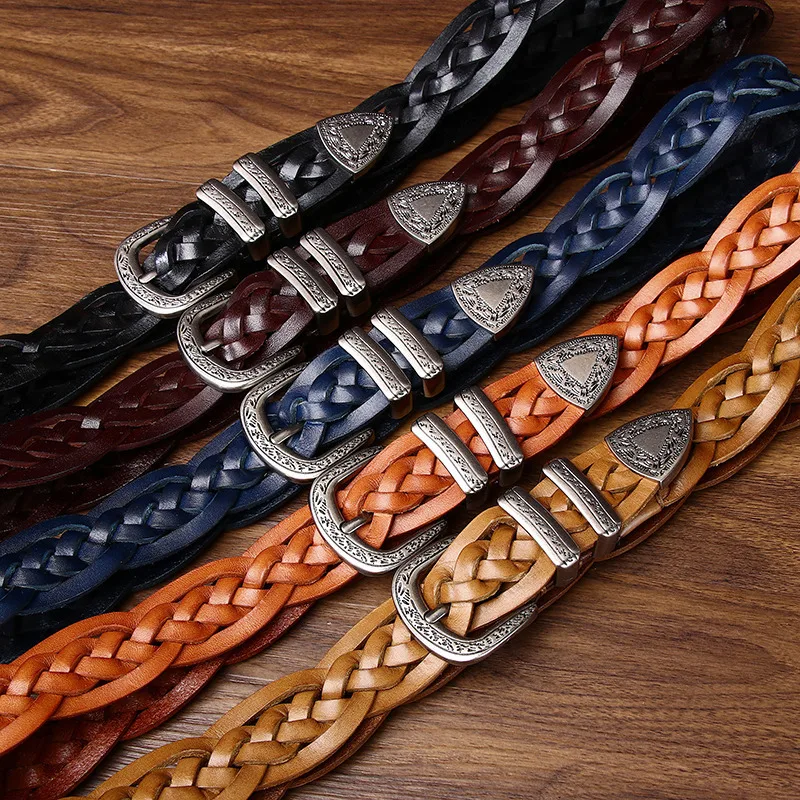 3.2cm new top layer cowhide woven belt retro personality niche casual belt for men