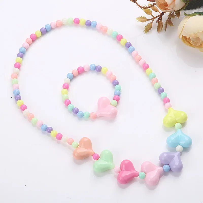 Heart Necklace and Colorful Bead Bracelet Set - Cute Jewelry for Girls