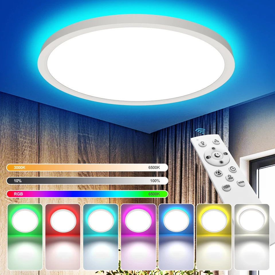 GOECO Plafonnier LED 24W Dimmable RGB, 2520lm Luminaire Plafonnier avec Télécommande 2700-6500K IP54 Imperméable pour Bain, Chambre, Cuisine 30*2.5cm | Leroy Merlin