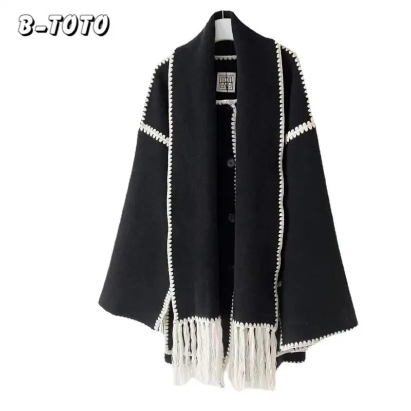 B-TOTO Wool Coat Warm Temperament Tassel Scarf Collar White Woven Crochet Loose Wool Tweed Knit Jacket Clothes Women 2023