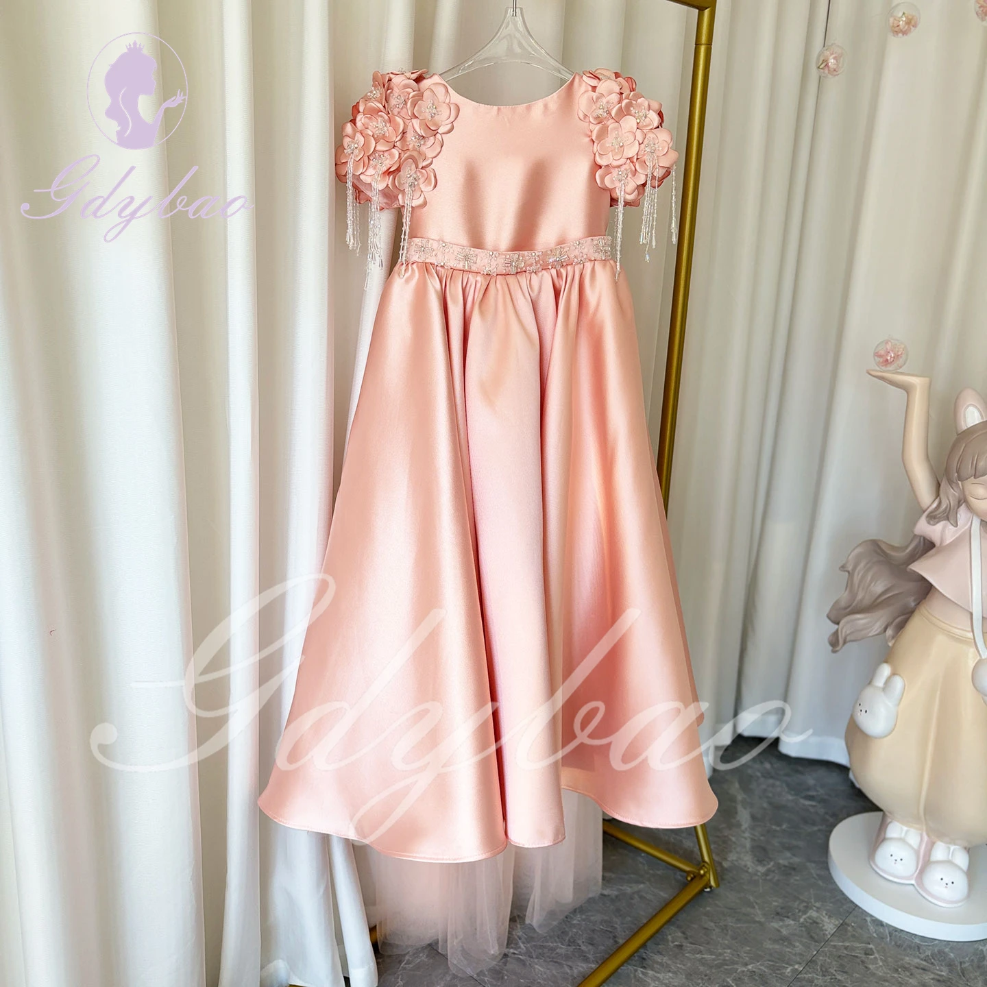 Pink Cloak Sleeves Flower Girl Dresses Pageant Gown for Wedding 3D Flower Appliques Elegant Birthday Party First Communion Gown