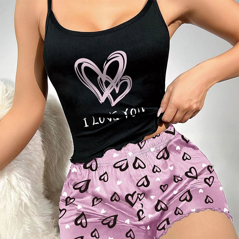 Women's Milk Silk Pajamas Set Summer Sleeveless Heart Print Shorts Sleepwear Sexy Comfortable Loungewear Two Piece