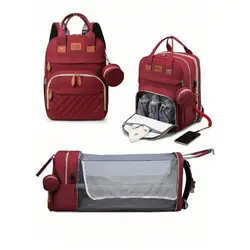 Versatile 3 - in - 1 Waterproof Diaper Bag Backpack with Foldable Baby Bed and USB Charging Port (Red Type1 With Net)