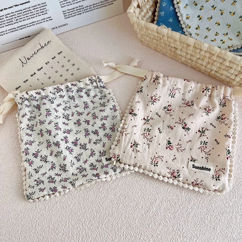 Cotton Fabric Floral Drawstring Storage Bag Travel Portable Storage Bags Dustproof Packaging Storage Pouch Ins Pastoral Style 3