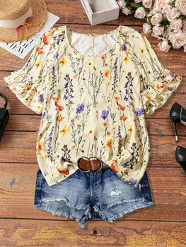 【Plus Size】 All Over Print Ruffle Layered Sleeve Blouse, Casual Short Sleeve Round Neck Top for Daily Wear, Women's Plus Clothin 1