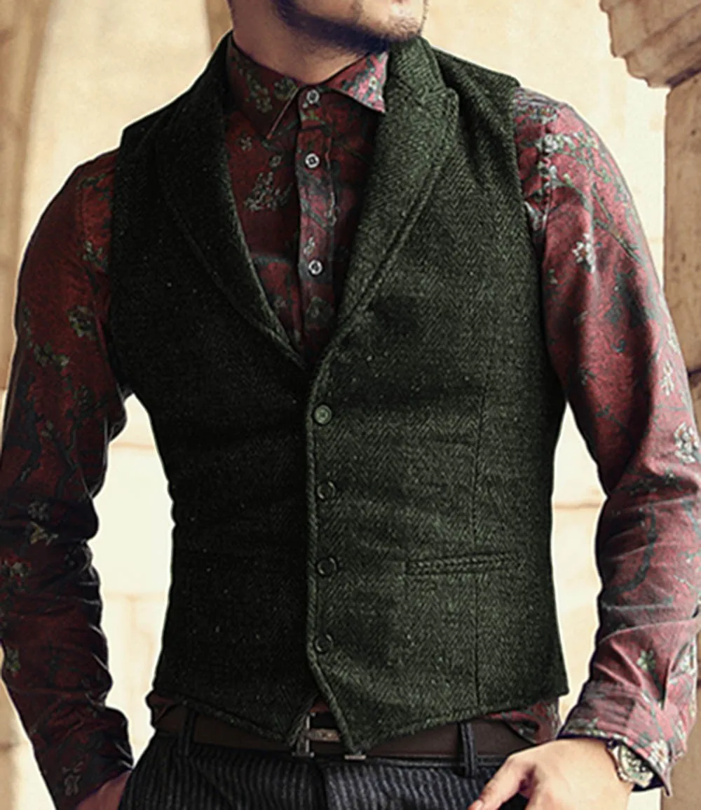 

Men Suit Vest Army Green Classic Herringbone Pattern Business Waistcoat Notch Lapel Wool Tweed Groomsmen Waistcoat Vests For Men