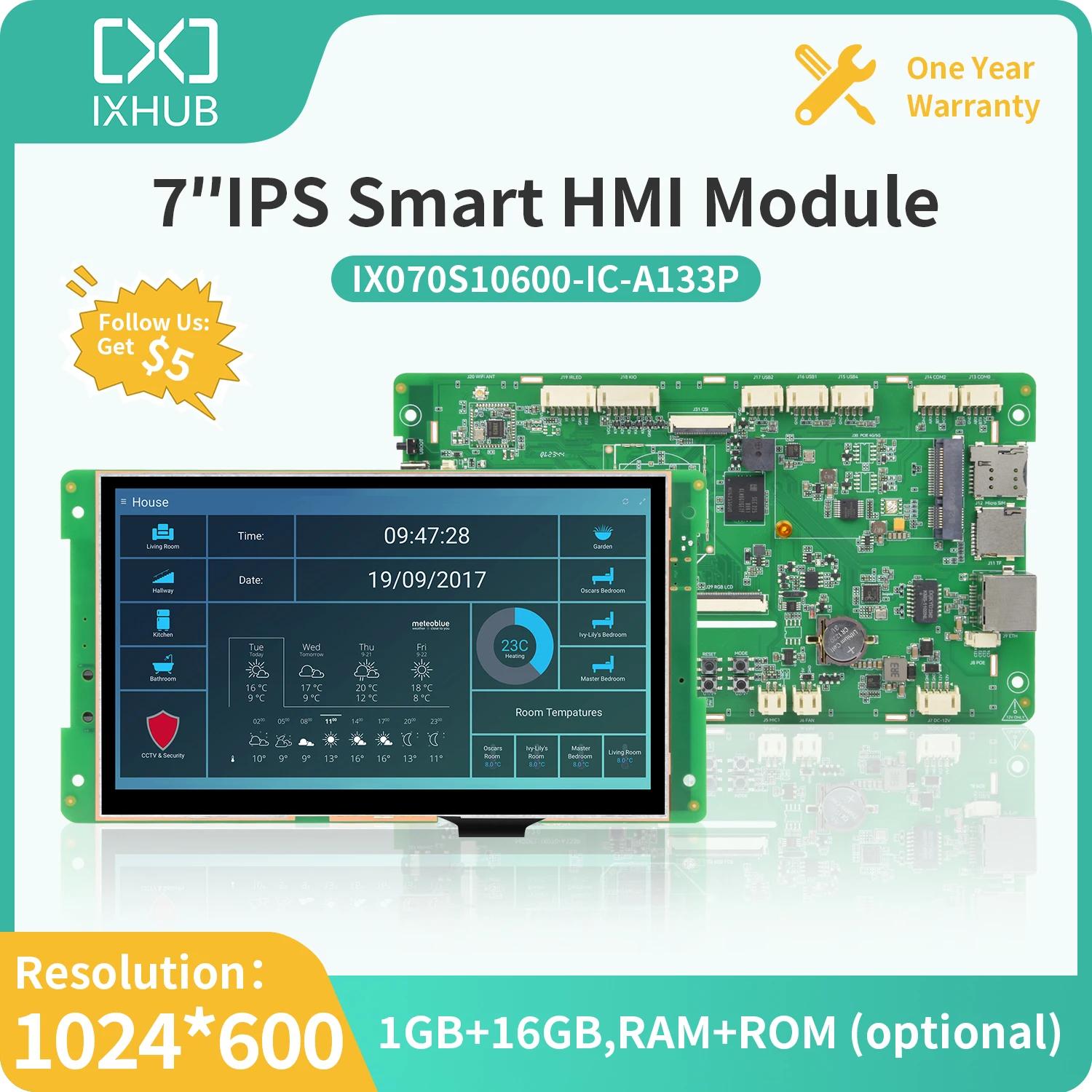 

IXHUB 7 Inch LCD Module 1024*800 RS232/TTL/RS485 Arduino HMI Commercial Touch Panel Screen Smart UART TFT Display for 3D Printer