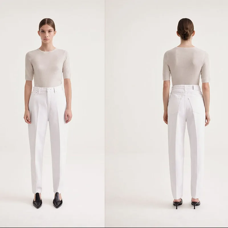 

TT JEANS 2024 Summer New White Glossy Pleated Mid Waist Tapered Slim Leg Long Pants for Women
