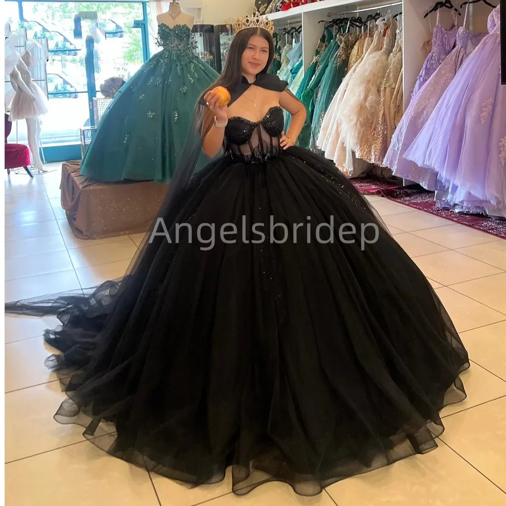 Angelsbridep Mexican Ball Gown Quinceanera Dress Off Shoulder Black Party Dresses Vestidos 15 A&ntilde;os Quincea&ntilde;era With Cape