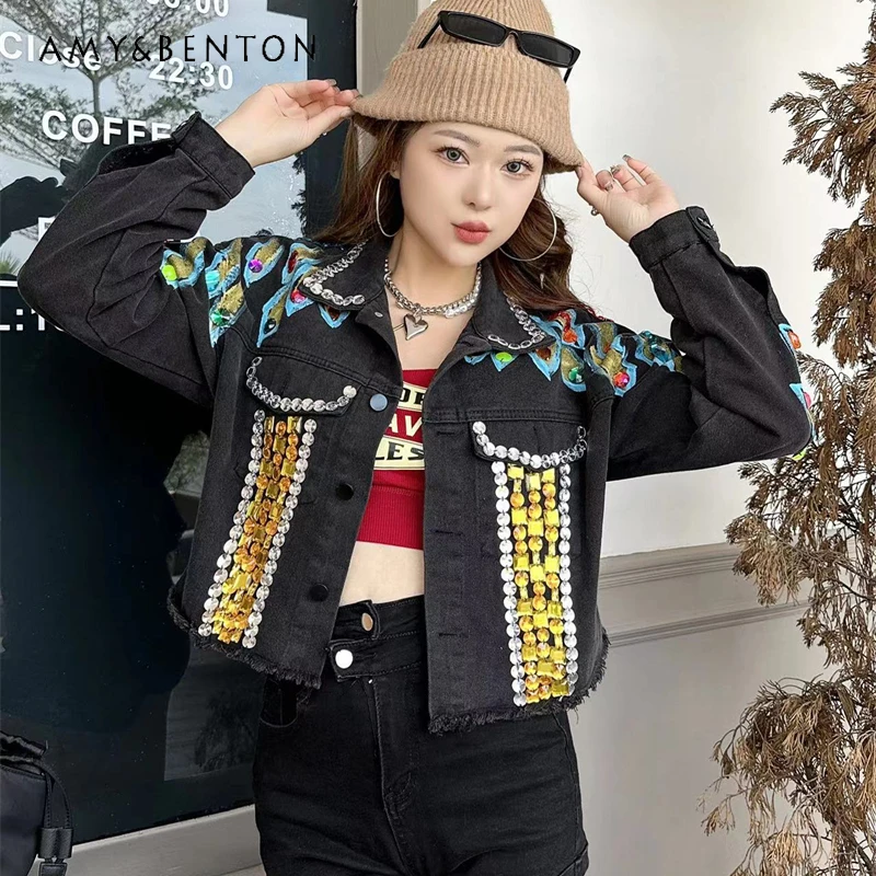 European Style New Heavy Industry Hand-Painted Short Denim Jacket Women's Small Beaded Sequins High-Grade Ins Fashion Jeans Coat european and american ins rose baroque plaster hand painted finished nail beauty handmade custom wear nail stickers