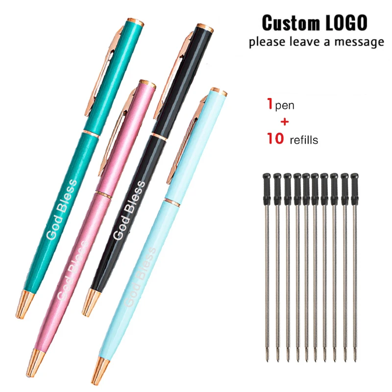 1+10Pcs/Set Student Kawaii Ballpoint Pen Replacable Refill Set Black/Blue School Pens Office Supplies Stationery for Writing